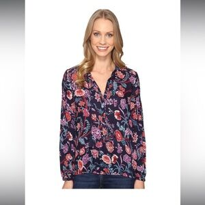 Lucky Brand Blouse Tassel Floral XS Long Sleeve‎ Tie Neck Pintuck Shoulders Blue
